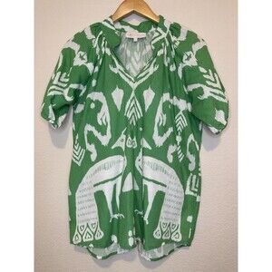 Sheridan French Women's 100% Linen Peacock Ikat Boho Blouse Green White Size S